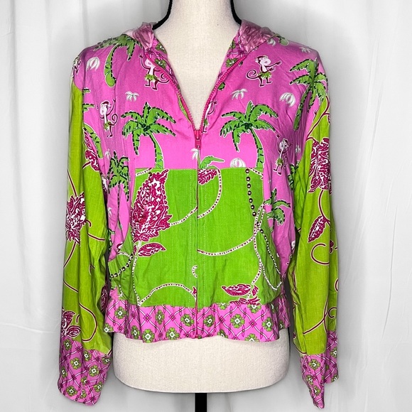 Tropical Pink and Lime Green Light Weight Zip Up Hoodie Jacket Size: S - Picture 1 of 6
